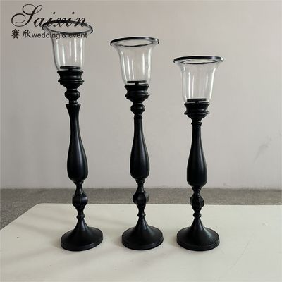 Black Candle Holder 3 pcs Set Metal Wedding Decoration Black Glass Candlestick Holder Centerpiece
