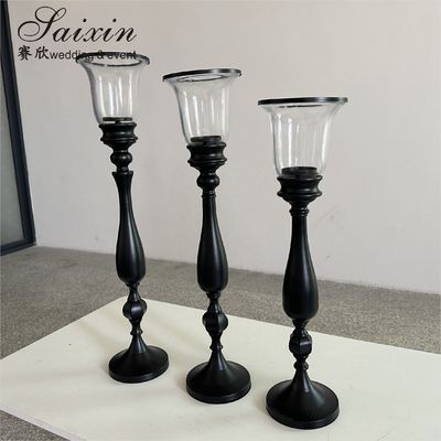 Black Candle Holder 3 pcs Set Metal Wedding Decoration Black Glass Candlestick Holder Centerpiece