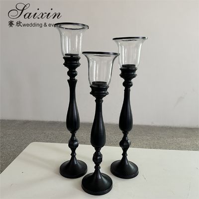 Black Candle Holder 3 pcs Set Metal Wedding Decoration Black Glass Candlestick Holder Centerpiece