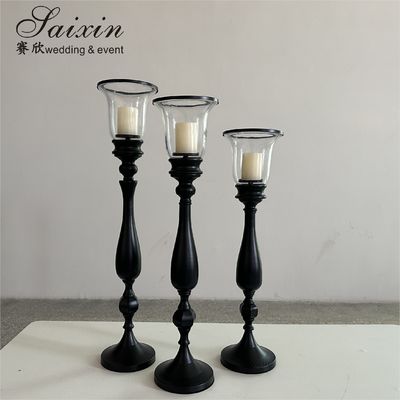 Black Candle Holder 3 pcs Set Metal Wedding Decoration Black Glass Candlestick Holder Centerpiece