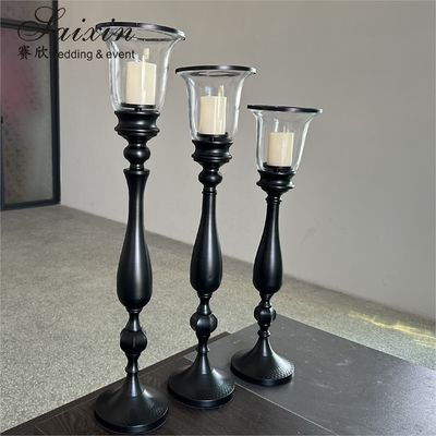 Black Candle Holder 3 pcs Set Metal Wedding Decoration Black Glass Candlestick Holder Centerpiece