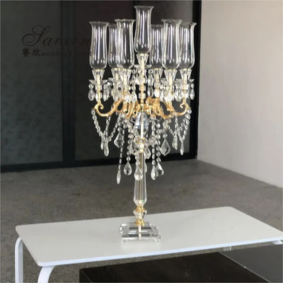 High Quality Gold Clear Candelabra Wedding Decor Supplies 7 Arms Centerpiece Crystal Candelabras