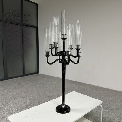 3 Arm 9 Arm Crystal Candelabra Wedding Black Glass Wedding Table 110CM