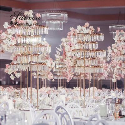 Gold Metal Flower Stand Wedding Outdoor 80cm Large Crystal Table Tree Centerpiece