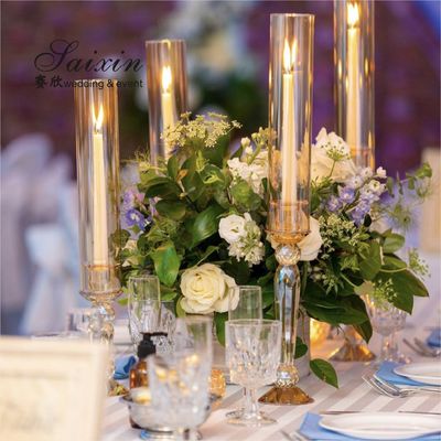 Gold Pillar Wedding Candle Holders Tall 4pcs Set Champagne 40cm