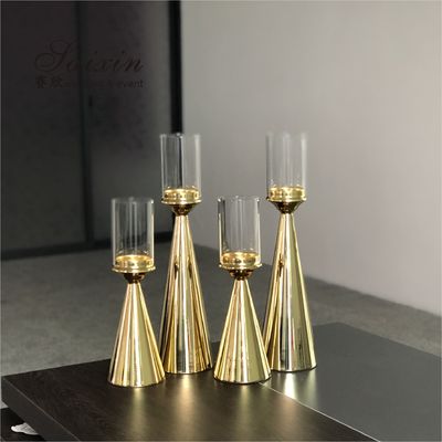 Golden Brass Taper Wedding Candle Holders Centerpiece Pillar 2 Pcs Set
