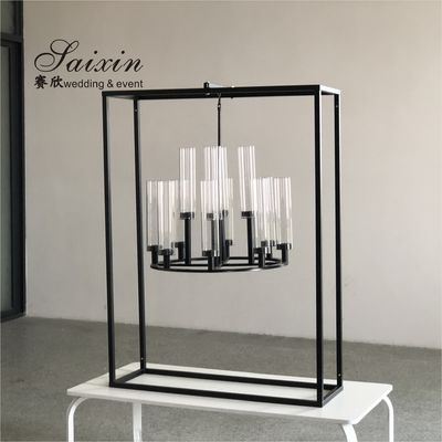 Saixin custom  black metal frame with hanging chandelier candle holder for wedding tables centerpiece