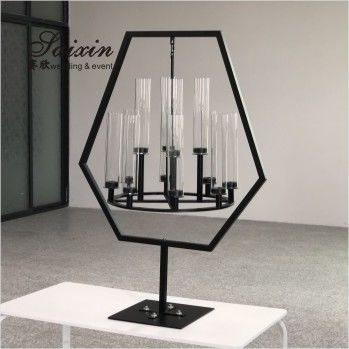 Saixin custom  black metal frame with hanging chandelier candle holder for wedding tables centerpiece