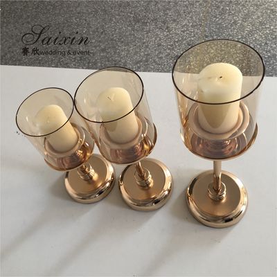 Gold Metal Candle Holder Centerpiece Set Candlestick Champaign Glass Tube