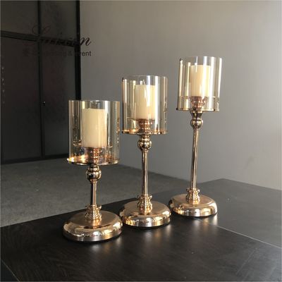 Gold Metal Candle Holder Centerpiece Set Candlestick Champaign Glass Tube