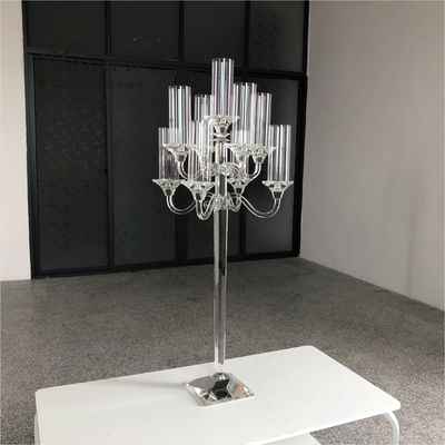 9 Branch Crystal Glass Candelabra Square Base Contemporary Crystal Candle Holders