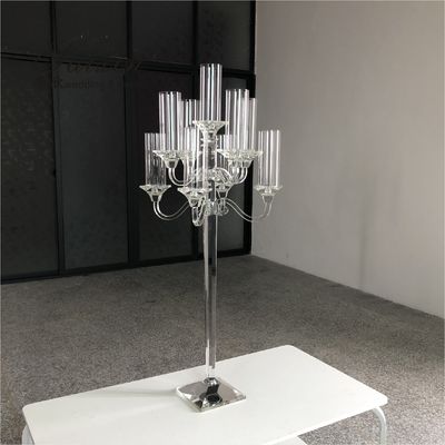 9 Branch Crystal Glass Candelabra Square Base Contemporary Crystal Candle Holders