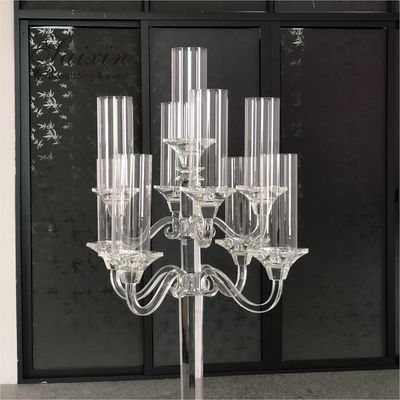 9 Branch Crystal Glass Candelabra Square Base Contemporary Crystal Candle Holders