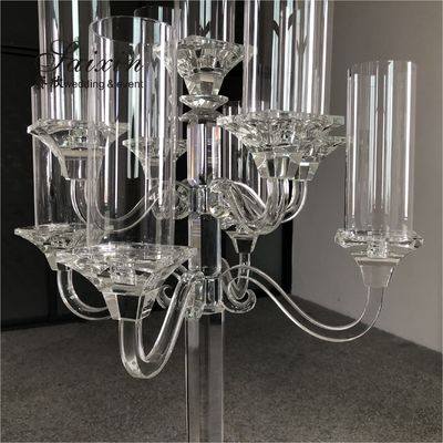 9 Branch Crystal Glass Candelabra Square Base Contemporary Crystal Candle Holders