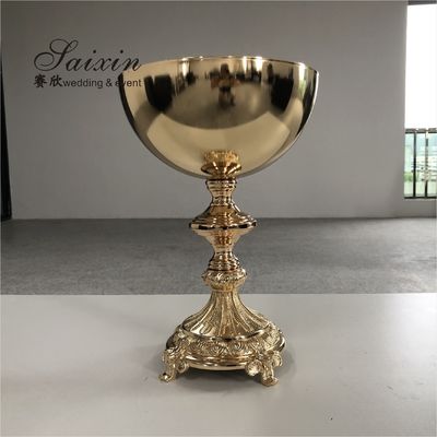 Floral Trophy Shape Gold Trumpet Vase Metal Flower Stand Pot Round Wedding Decoration