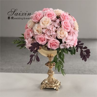 Floral Trophy Shape Gold Trumpet Vase Metal Flower Stand Pot Round Wedding Decoration