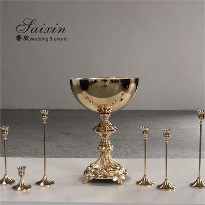 Floral Trophy Shape Gold Trumpet Vase Metal Flower Stand Pot Round Wedding Decoration