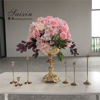 Floral Trophy Shape Gold Trumpet Vase Metal Flower Stand Pot Round Wedding Decoration