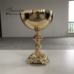 Floral Trophy Shape Gold Trumpet Vase Metal Flower Stand Pot Round Wedding Decoration