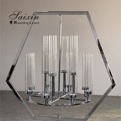 Silver Hanging Metal And Crystal Candelabra Hexagon Frame Stand 12 Arms