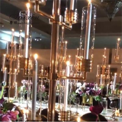 Gold Metal And Crystal Candelabra Party Electroplating Shiny Candle Stand 160cm