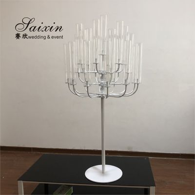 New wedding decoration tall 25 arms White standing metal candelabras with glass chimney