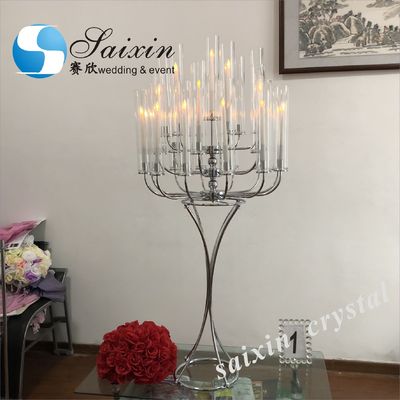 New wedding decoration tall 25 arms White standing metal candelabras with glass chimney