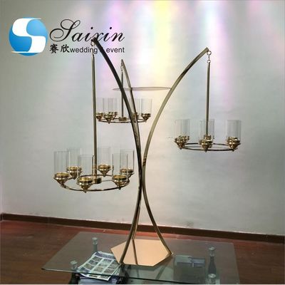 Black Gold Metal Wedding Flower Stand With Three Branch Hanging Candle Holder