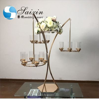 Black Gold Metal Wedding Flower Stand With Three Branch Hanging Candle Holder