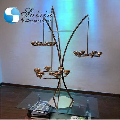 Black Gold Metal Wedding Flower Stand With Three Branch Hanging Candle Holder