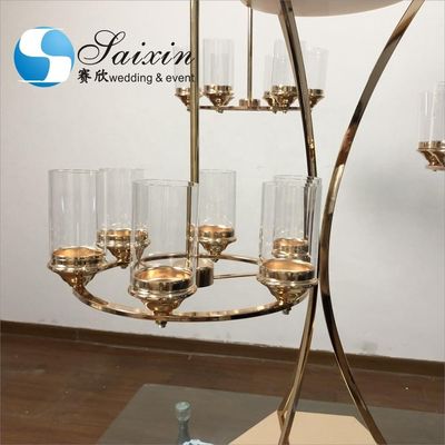 Black Gold Metal Wedding Flower Stand With Three Branch Hanging Candle Holder