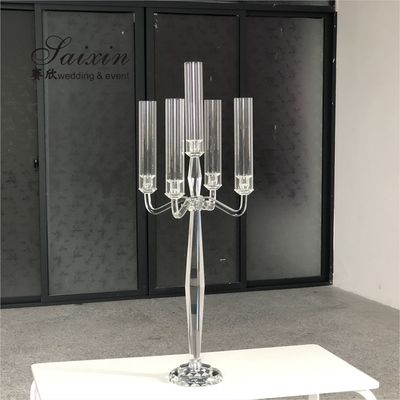 Hot Sale Tall Wedding Decoration 5 Arms Clear Wedding Crystal Centerpiece Candelabra