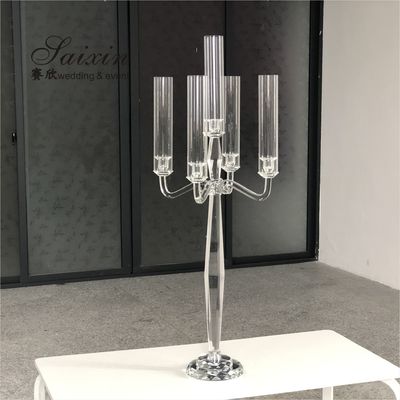 Hot Sale Tall Wedding Decoration 5 Arms Clear Wedding Crystal Centerpiece Candelabra