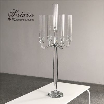 Hot Sale Tall Wedding Decoration 5 Arms Clear Wedding Crystal Centerpiece Candelabra