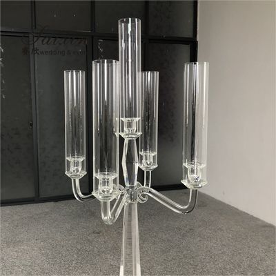 Hot Sale Tall Wedding Decoration 5 Arms Clear Wedding Crystal Centerpiece Candelabra