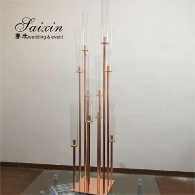 Glass Tube Rose Gold Metal Floor Candelabra Pillar Candlesticks Tall  175cm