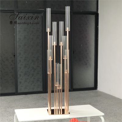 Glass Tube Rose Gold Metal Floor Candelabra Pillar Candlesticks Tall  175cm