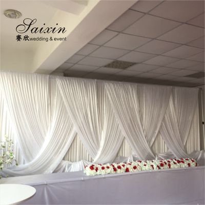 New design double drape white cloth curtains cross valance for wedding Decorative backdrop