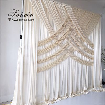New design double drape white cloth curtains cross valance for wedding Decorative backdrop