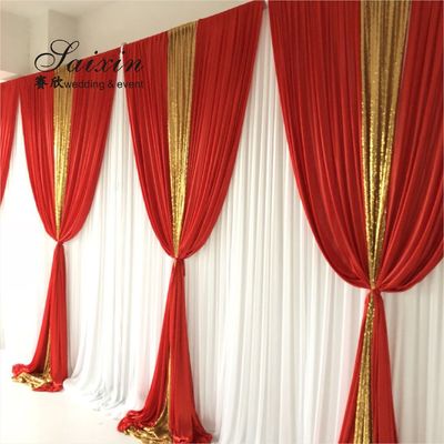 Hot sale wedding backdrop double drape red curtains cross valance