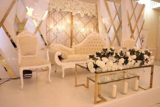 Unique new  wedding furniture  white acrylic stand with gold design white background wedding hall decoratios