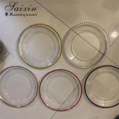 Plastic Gold Beaded Acrylic Charger Plate Wedding Table Decoration Clear