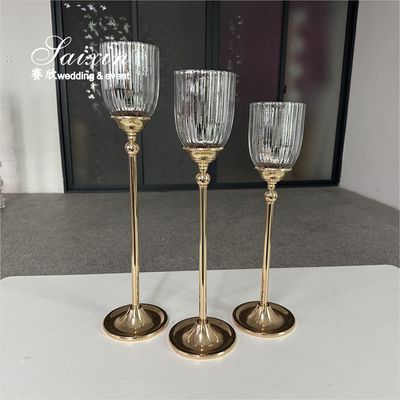 Factory Custom 3 Pcs Set Gold Base Silver Glasses Candlestick For Wedding Centerpiece