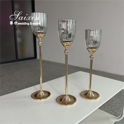 Factory Custom 3 Pcs Set Gold Base Silver Glasses Candlestick For Wedding Centerpiece