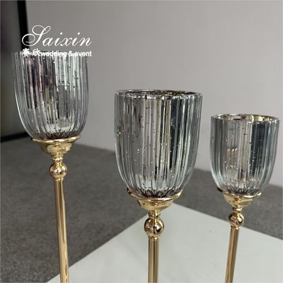 Factory Custom 3 Pcs Set Gold Base Silver Glasses Candlestick For Wedding Centerpiece