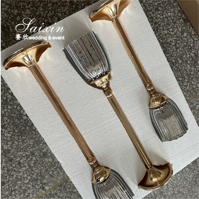Factory Custom 3 Pcs Set Gold Base Silver Glasses Candlestick For Wedding Centerpiece