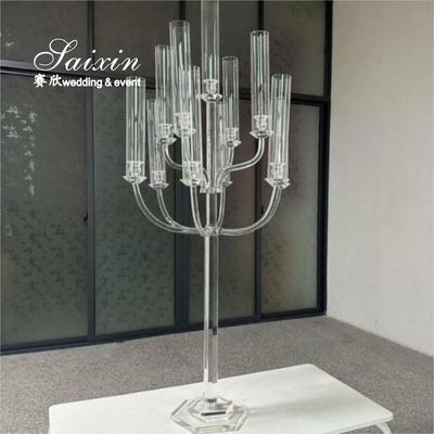 Beautiful Clear Glass Crystal Candelabra With Tall Glass Jars For Wedding Centerpieces