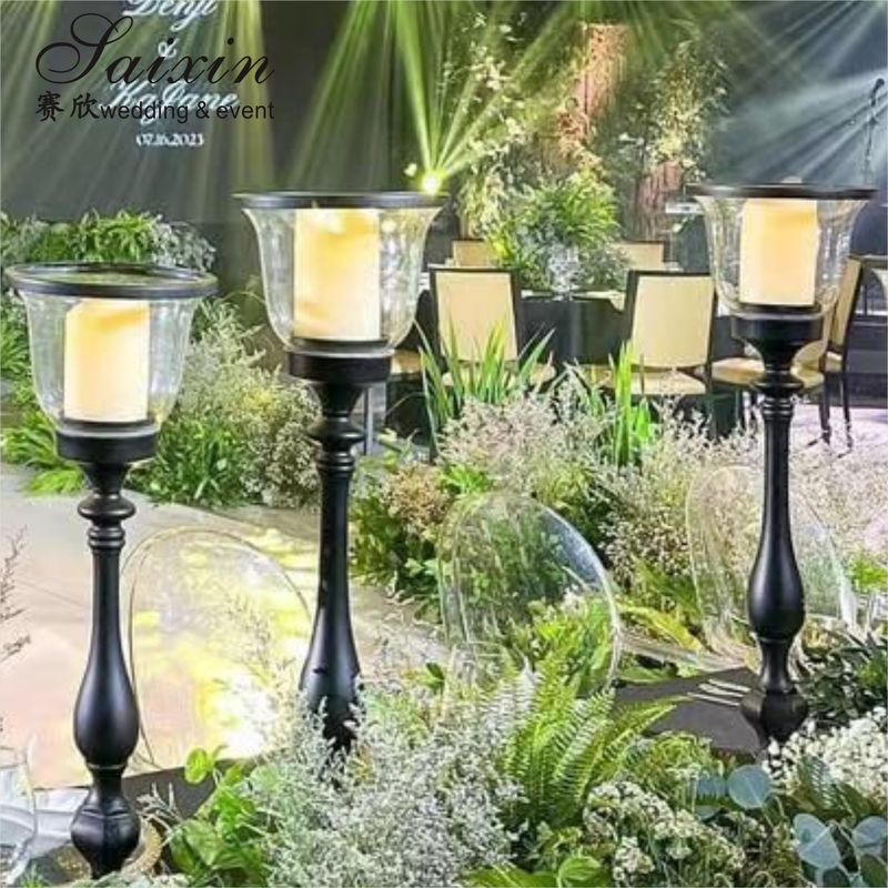 Black Candle Holder 3 pcs Set Metal Wedding Decoration Black Glass Candlestick Holder Centerpiece