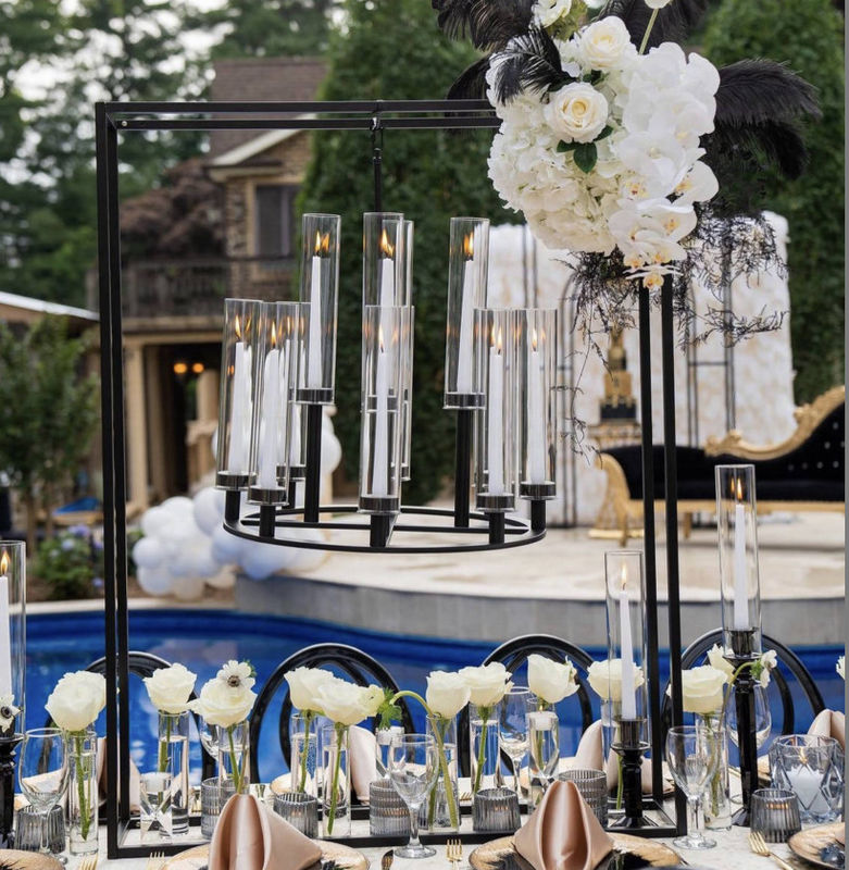 Saixin custom  black metal frame with hanging chandelier candle holder for wedding tables centerpiece