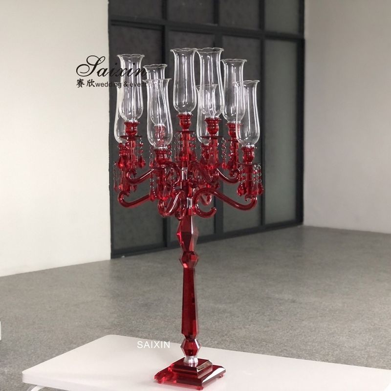 9 Arms 130cm Red Blue Hurricane Crystal Glass Candelabra Clear Wedding Table Centerpieces